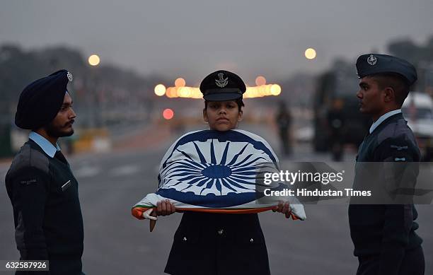 Soldiers were seen rehearsing for the Beating Retreat Ceremony ahead of Republic Day Parade, at Rajpath on January 24, 2017 in New Delhi, India.