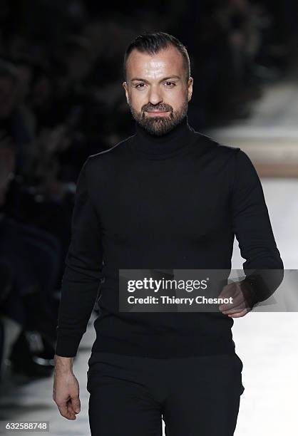 French designer Julien Fournie walks the runway after the Julien Fournie Spring Summer 2017 show as part of Paris Fashion Week on January 24, 2017 in...