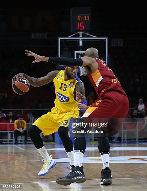 Alex Tyus of Galatasaray Odeabank in action against Sony Weems of Maccabi Fox Tel Aviv during the Turkish Airlines Euroleague basketball match...