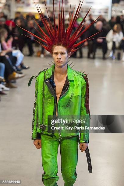 Model walks the runway during the Vetements Spring Summer 2017 show as part of Paris Fashion Week on January 24, 2017 in Paris, France.