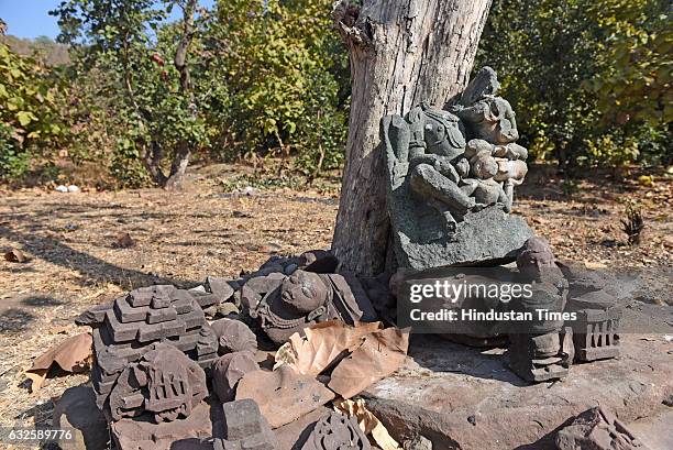 Some bits and pieces of the relics strewn within the wall found in jungle of Raisen on January 8, 2017 in Raisen, India. History buffs are calling it...