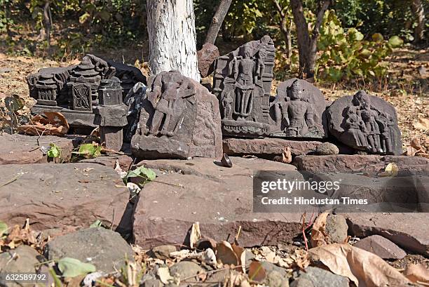 Some bits and pieces of the relics strewn within the wall found in jungle of Raisen on January 8, 2017 in Raisen, India. History buffs are calling it...