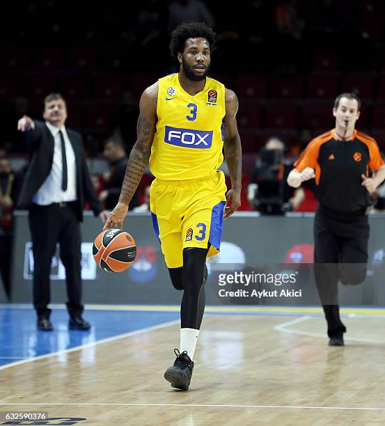 Victor Rudd, #3 of Maccabi Fox Tel Aviv in action during the 2016/2017 Turkish Airlines EuroLeague Regular Season Round 19 game between Galatasaray...