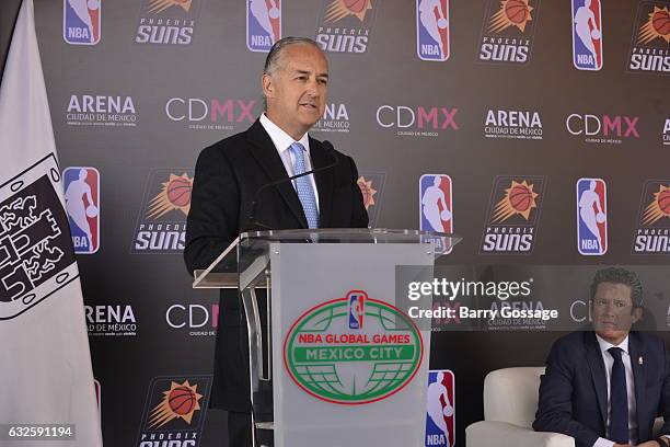 The NBA holds a press conference during a Jr. NBA Court Dedication Ceremony as part of NBA Global Games at Ciudad Deportiva Magdalena Mixihuca Sports...