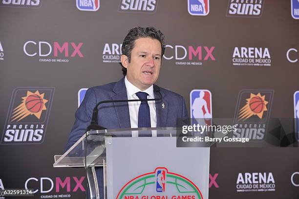 The NBA holds a press conference during a Jr. NBA Court Dedication Ceremony as part of NBA Global Games at Ciudad Deportiva Magdalena Mixihuca Sports...