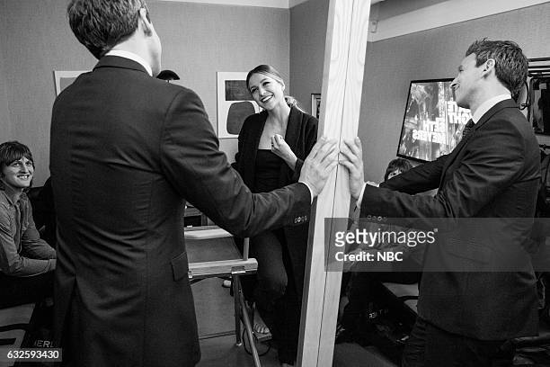 Episode 476 -- Pictured: Host Seth Meyers talks with actress Melissa Benoist backstage on January 23, 2017 --
