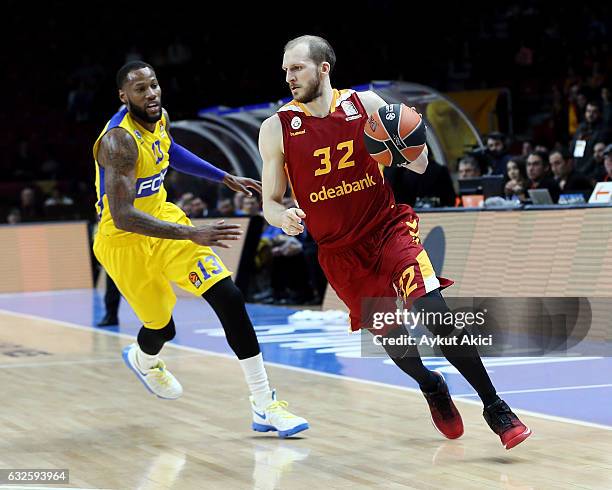 Sinan Guler, #32 of Galatasaray Odeabank Istanbul in action during the 2016/2017 Turkish Airlines EuroLeague Regular Season Round 19 game between...