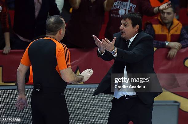 Head coach of Galatasaray Odeabank Ergin Ataman talks with referee during the Turkish Airlines Euroleague basketball match between Galatasaray...