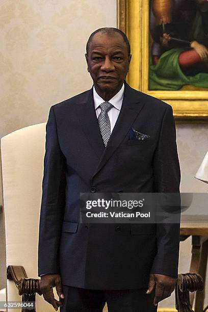 President of the Republic of Guinea Alpha Conde meets Pope Francis at the Apostolic Palace, on January 16, 2017 in Vatican City, Vatican. The...