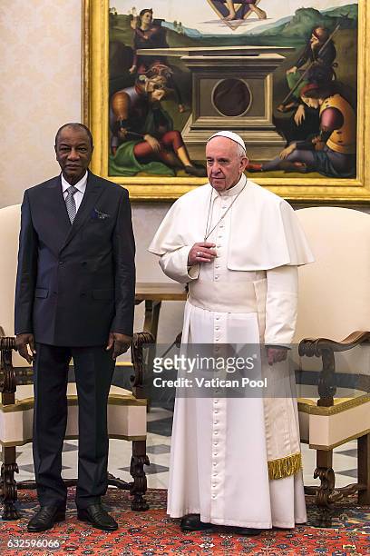 Pope Francis meets President of the Republic of Guinea Alpha Conde at the Apostolic Palace, on January 16, 2017 in Vatican City, Vatican. The...