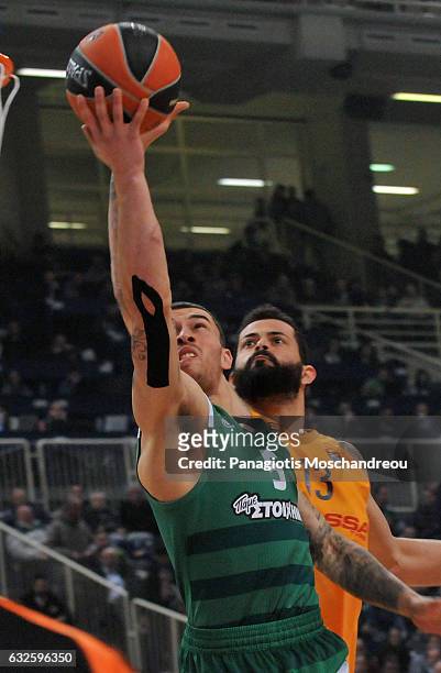 Mike James, #5 of Panathinaikos Superfoods Athens competes with Aleksandar Vezenkov, #14 of FC Barcelona Lassa during the 2016/2017 Turkish Airlines...