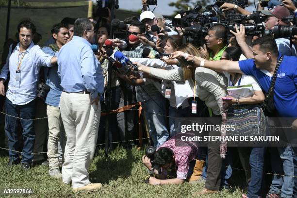 Member Pablo Catatumbo speaks to the press during a visit of Colombian President Juan Manuel Santos and French President Francois Hollande to a FARC...