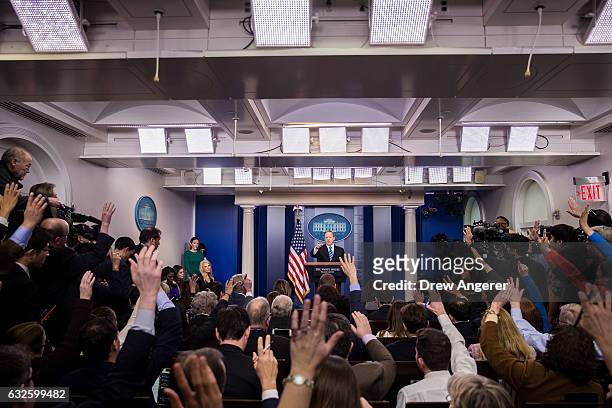 White House Press Secretary Sean Spicer takes questions during the daily press briefing in the James Brady Press Briefing Room at the White House,...