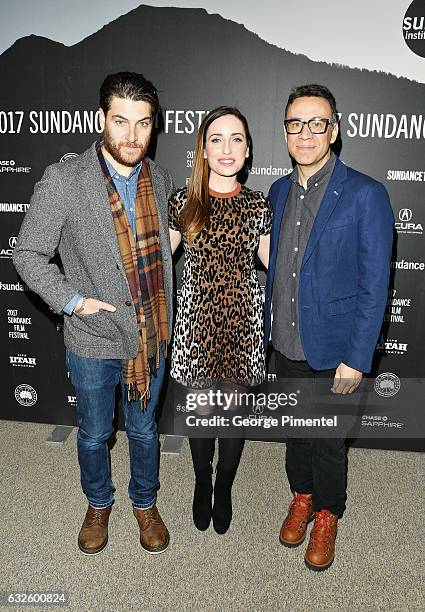 Actor Adam Pally, film maker Zoe Lister-Jones, and actor Fred Armisen attend the "Band Aid" Premiere at Eccles Center Theatre on January 24, 2017 in...