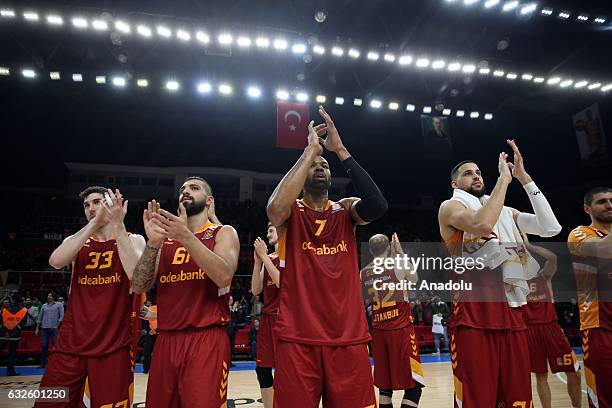 Jon Diebler , Goksenin Koksel , Alex Tyus and Austin Daye of Galatasaray Odeabank celebrate after the Turkish Airlines Euroleague basketball match...