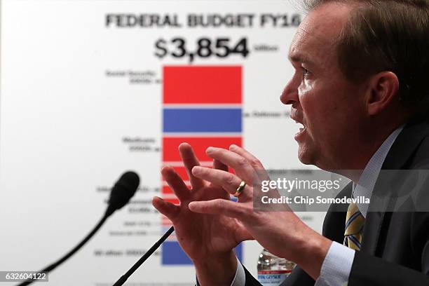 Rep. Mick Mulvaney testifies before the Senate Homeland Security and Governmental Affairs Committee during his confirmation hearing to be the next...