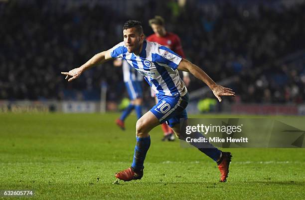 Tomer Hemed of Brighton and Hove Albion celebrates as he scores their first goal during the Sky Bet Championship match between Brighton & Hove Albion...