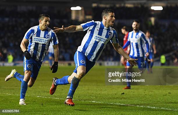 Tomer Hemed of Brighton and Hove Albion celebrates as he scores their first goal during the Sky Bet Championship match between Brighton & Hove Albion...