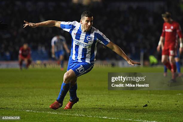 Tomer Hemed of Brighton and Hove Albion celebrates as he scores their first goal during the Sky Bet Championship match between Brighton & Hove Albion...