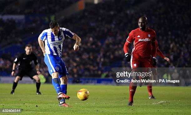 Brighton & Hove Albion's Tomer Hemed scores his side's first goal of the game during the Sky Bet Championship game at the AMEX Stadium, Brighton.