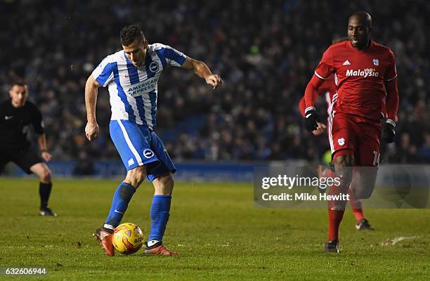 Tomer Hemed of Brighton and Hove Albion scores their first goal during the Sky Bet Championship match between Brighton & Hove Albion and Cardiff City...
