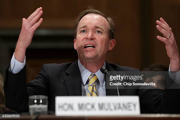 Rep. Mick Mulvaney testifies before the Senate Homeland Security and Governmental Affairs Committee during his confirmation hearing to be the next...