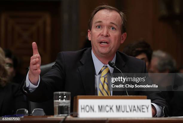 Rep. Mick Mulvaney testifies before the Senate Homeland Security and Governmental Affairs Committee during his confirmation hearing to be the next...