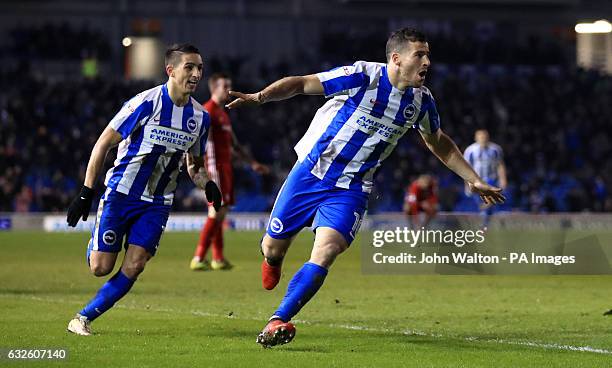 Brighton & Hove Albion's Tomer Hemed celebrates scoring his side's first goal of the game during the Sky Bet Championship game at the AMEX Stadium,...