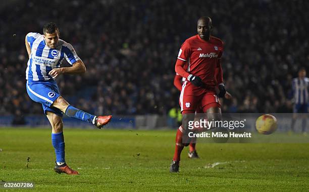 Tomer Hemed of Brighton and Hove Albion scores their first goal during the Sky Bet Championship match between Brighton & Hove Albion and Cardiff City...