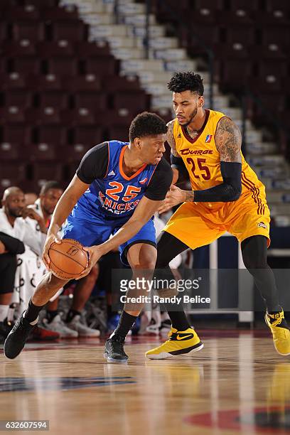 Damien Inglis of the Westchester Knicks looks to drive to the basket against the Canton Charge as part of 2017 NBA D-League Showcase at the Hershey...