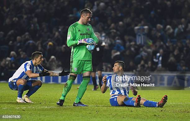 Anthony Knockaert of Brighton and Hove Albion reacts as Tomer Hemed of Brighton and Hove Albion misses a chance during the Sky Bet Championship match...