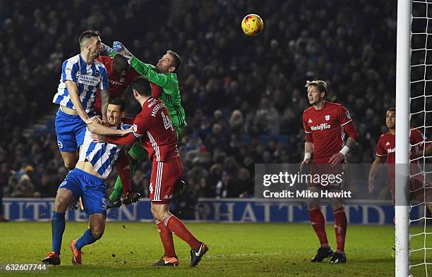 Shane Duffy of Brighton and Hove Albion outjumps goalkeeper Allan McGregor of Cardiff City, but heads wide during the Sky Bet Championship match...