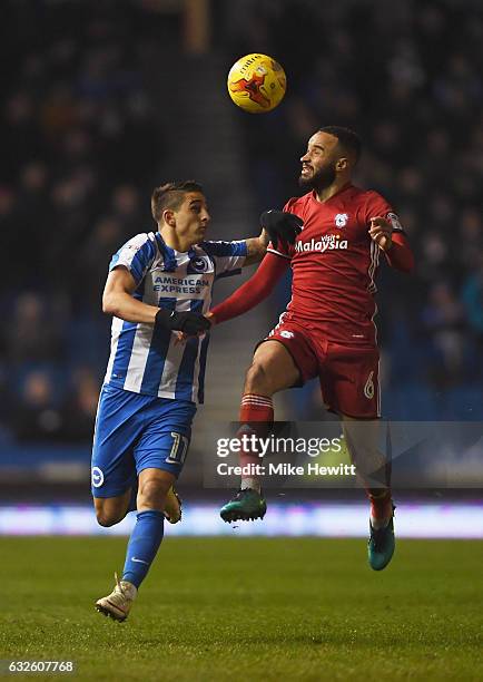 Ashley Richards of Cardiff City outjumps Anthony Knockaert of Brighton and Hove Albion during the Sky Bet Championship match between Brighton & Hove...