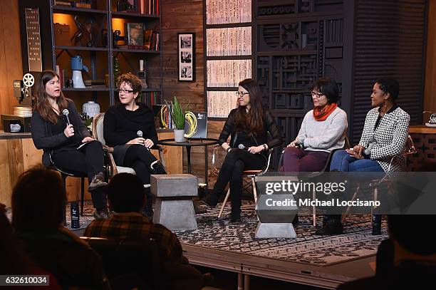 Nell Greenfieldboyce, Nicole Perlman, Heather Berlin, Jennifer Phang, and Tracy Drain speak during the Women In Science Panel at Filmmaker Lodge on...