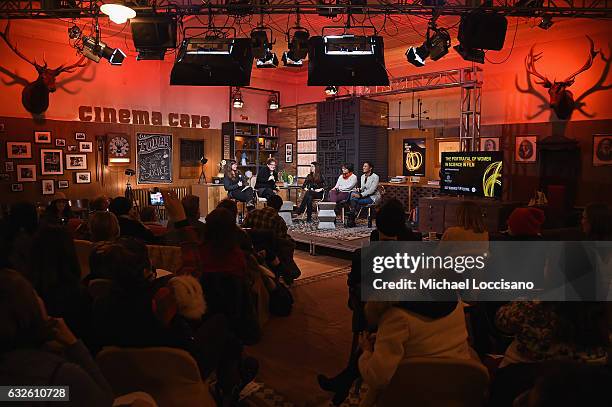 Nell Greenfieldboyce, Nicole Perlman, Heather Berlin, Jennifer Phang, and Tracy Drain speak during the Women In Science Panel at Filmmaker Lodge on...