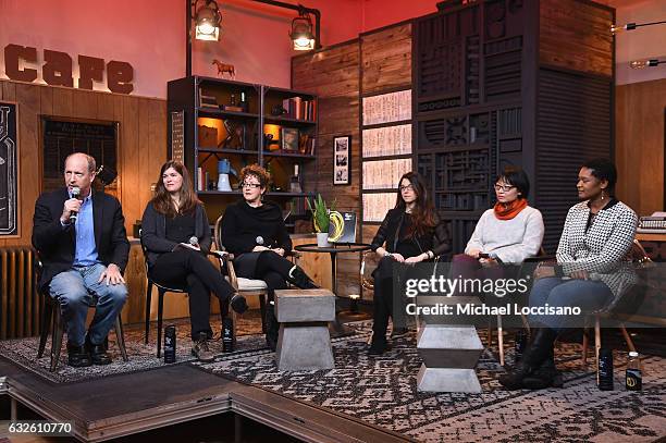 Nell Greenfieldboyce, Nicole Perlman, Heather Berlin, Jennifer Phang, and Tracy Drain speak during the Women In Science Panel at Filmmaker Lodge on...