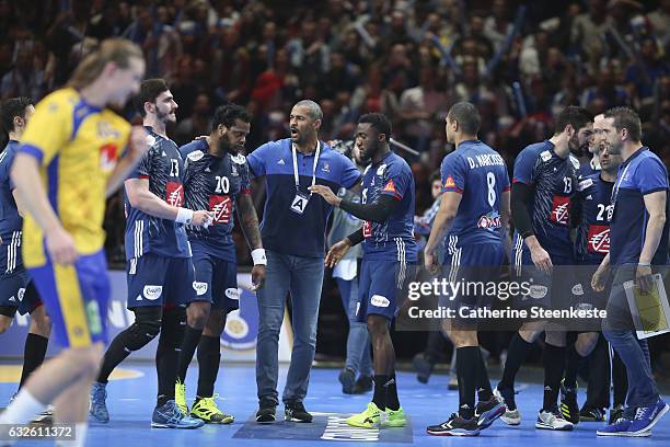 Didier Dinart Head Coach of France is talking to his players during the 25th IHF Men's World Championship 2017 Quarter Final match between France and...