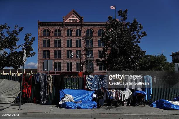 Homeless camp stands on Arcadia Street on January 24, 2017 in Los Angeles, California. According to a 2016 report by the U.S. Department of Housing...
