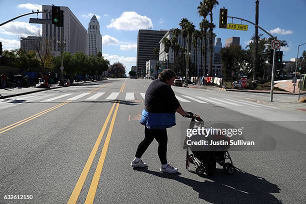 Lisa Rogers, a homeless woman, pushes a cart as she helps a friend relocate her camp on January 24, 2017 in Los Angeles, California. According to a...