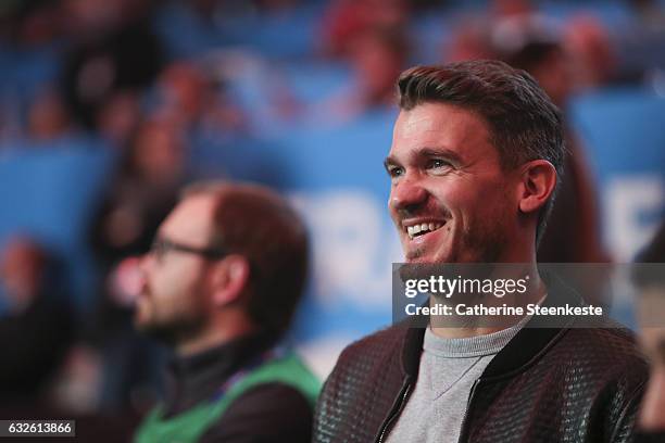 Nicolas Douchez, French football goalkeeper of RC Lens, watches the 25th IHF Men's World Championship 2017 Quarter Final match between France and...