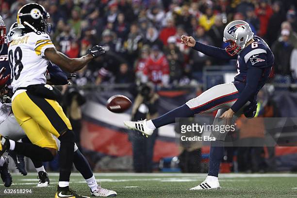 Ryan Allen of the New England Patriots punts the ball against the Pittsburgh Steelers in the AFC Championship Game at Gillette Stadium on January 22,...