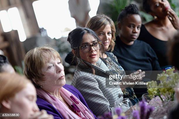 Shirley MacLaine, Salma Hayek, Cindi Leive, and Dee Rees attend Lunch Celebrating Films Powered By Women Hosted By Glamour's Cindi Leive And...