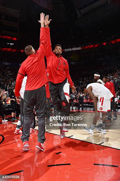 Jared Sullinger of the Toronto Raptors gets introduced before the game against the San Antonio Spurs on January 24, 2017 at the Air Canada Centre in...