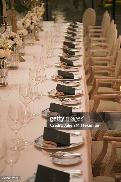 Detail of the table setting during the Swarovski Celebrates 10 Seasons X Alexandre Vauthier cocktail and dinner at Hotel Ritz on January 24, 2017 in...