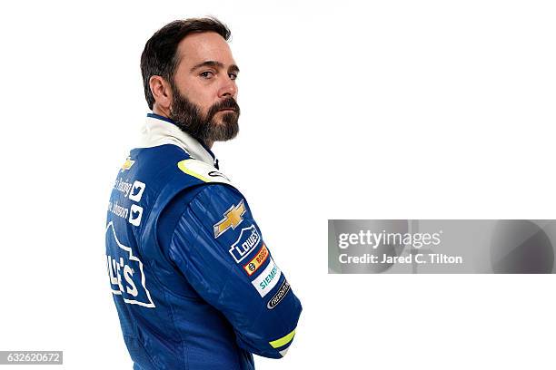 Monster Energy NASCAR Cup Series driver Jimmie Johnson poses for a photo during the NASCAR 2017 Media Tour at the Charlotte Convention Center on...