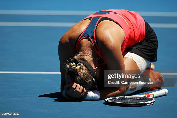 Mirjana Lucic-Baroni of Croatia celebrates winning her quarterfinal match against Karolina Pliskova of the Czech Republic on day 10 of the 2017...