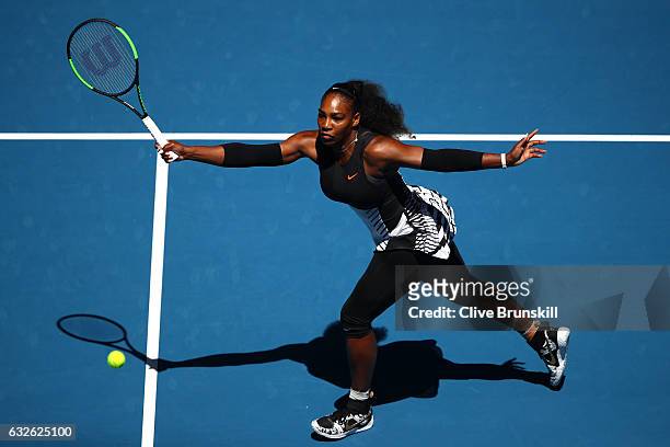 Serena Williams of the Unites States plays a forehand in her quarterfinal match against Johanna Konta of Great Britain on day 10 of the 2017...