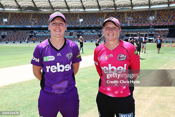 Heather Knight of the Hurricanes and Alyssa Healy of the Sixers pose before the Women's Big Bash League semi final match between the Sydney Sixers...