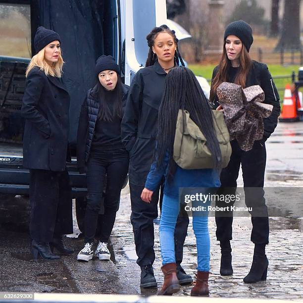 Sarah Paulson, Awkwafina, Rihanna and Sandra Bullock seen at the "Ocean's Eight" film set in Central Park on January 24, 2017 in New York City.