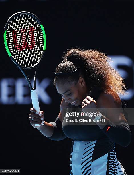 Serena Williams of the Unites States celebrates winning her quarterfinal match against Johanna Konta of Great Britain on day 10 of the 2017...